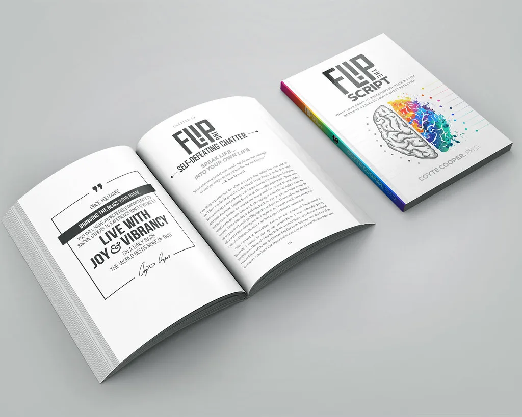 A chapter-ending page facing the opening of Chapter 10, Flipping Self-Defeating Chatter, with the cover logotype reused as the chapter head.