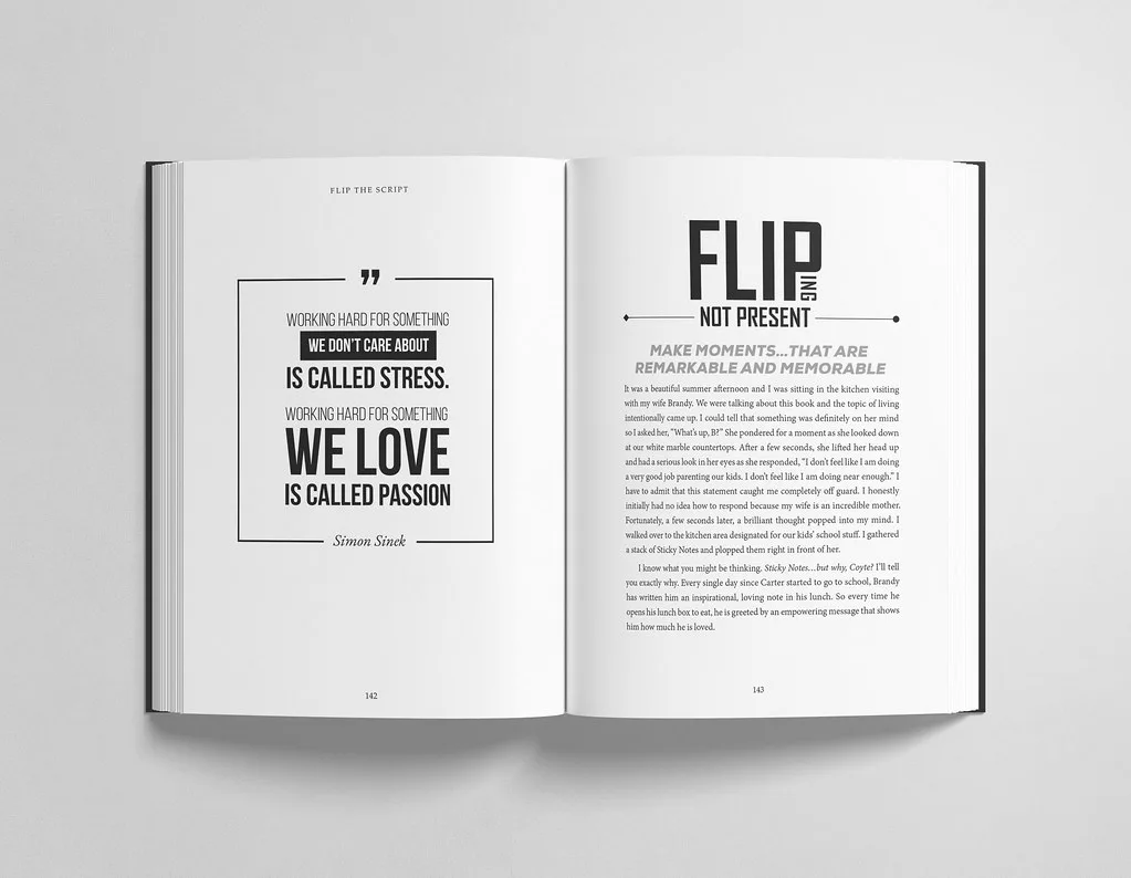 A chapter-ending composition facing the opening of Flipping Not Present, showing the one-ink interior and its narrow serif measure.