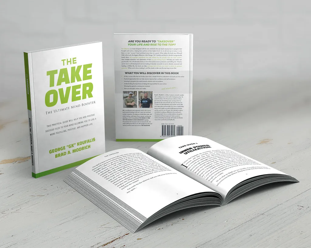 Front cover, back cover and interior chapter opener for The Takeover, showing the two-colour system and the condensed sans carried into the interior.
